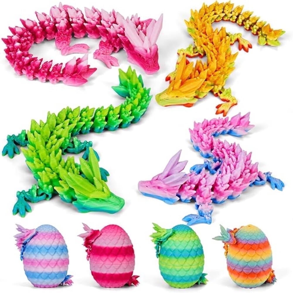 SHUWND 4PCS 3D Printed Dragon 3D Eggs with Dragon Inside, Mini Easter Eggs Fidget Toy 3D Articulated Crystal Dragon Mystery Egg Easter Basket Stuffers Surprise 3D Printed Animals Toy Set